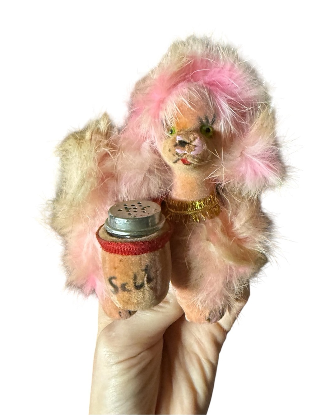 Vintage pink flocked poodle salt and pepper set
